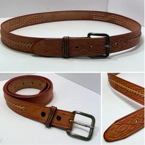 Vintage Leather Weave Belt‎ Boho Brown Leather Covered Buckle Unisex Size 42 Basket Weave Belt in Brown by Heritage Leathers 2421-BR main image 4